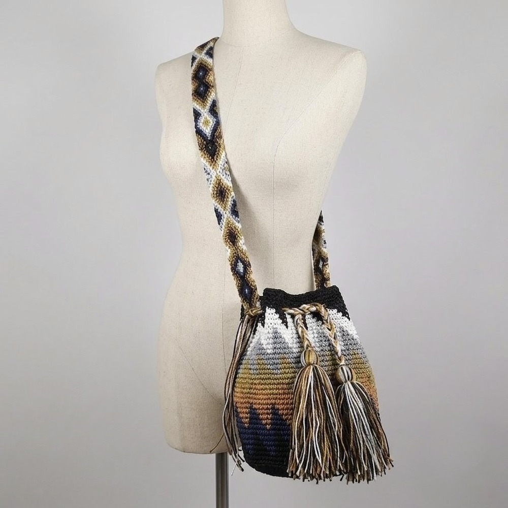 Wayuu Bucket Crossbody Bag Crochet Multi Chevron Tassel Boho Hippie Colombian